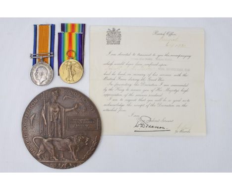 Huntingdonshire Cyclist Battalion; Two WW1 medals and death plaque to 1683 Percy Barlow of Somersham. Plus award letter 