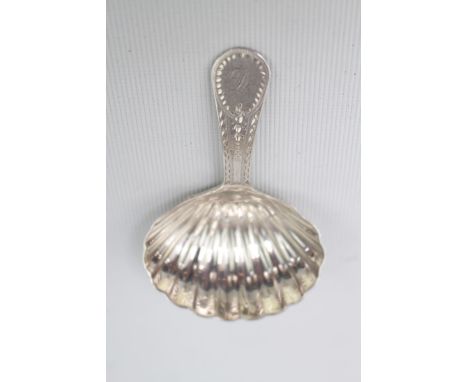 George III Silver Caddy Spoon with scallop bowl and brightly cut handle. Sheffield 1803. 13g total weight 