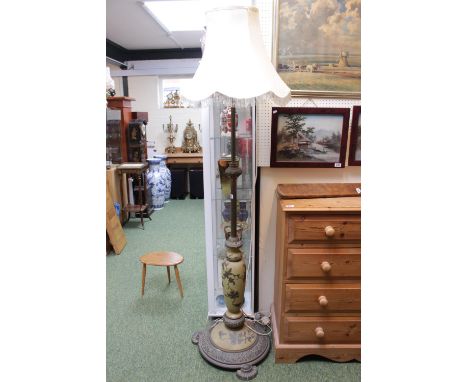 Large Victorian Ceramic and brass based extending Oil lamp base with later conversion. 186cm in Height with shade. 