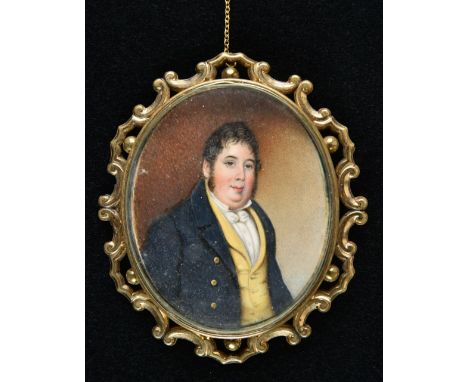 * Miniature. Portrait of a Regency gentleman, circa 1820, watercolour, gouache, and bodycolour on ivory, oval half-length por
