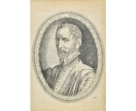 * Goltzius (Hubert, 1526-1583). Portrait of Antonio Moro, painter to Philip II of Spain, oval copper engraving on laid paper,