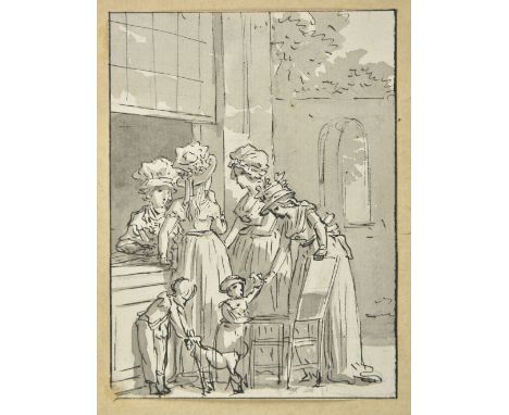 * Andriessen ( Anthonie , 1746-1813). Group of four ladies conversing beside an open window, with two children and a dog, pen