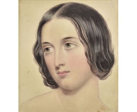 * English School. Head portrait of a girl, circa 1850s, watercolour on card, head portrait half profile to left of a young la