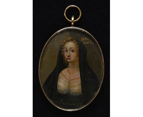 * Miniature. Portrait of a lady, Continental, early 17th century, watercolour and bodycolour, heightened with gold, on vellum