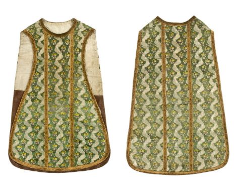 * Chasuble. A brocade chasuble, Continental, late 18th/early 19th century, hand-stitched brocade vestment with woven vertical