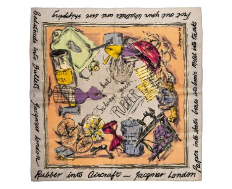 * WWII. Propaganda scarf 'Salvage Your Rubber', Jacqmar, 1944, headscarf in printed pale blue rayon, with decorative pink pan