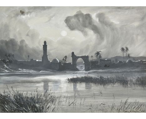 * Harper (Henry Andrew, 1835-1900). The Holy Land 1881, watercolour and gouache on paper, showing the pool and church at Lydd