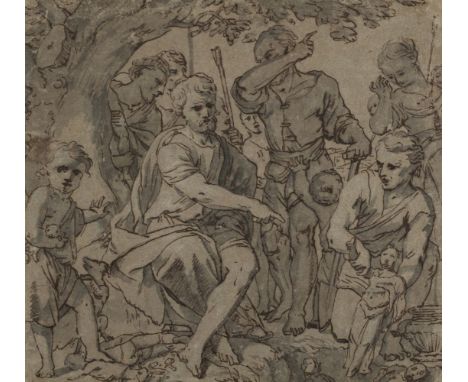 * Italian School. Group of figures by an open grave, 17th century, pen, brown ink and pale grey-blue wash on grey-blue laid p