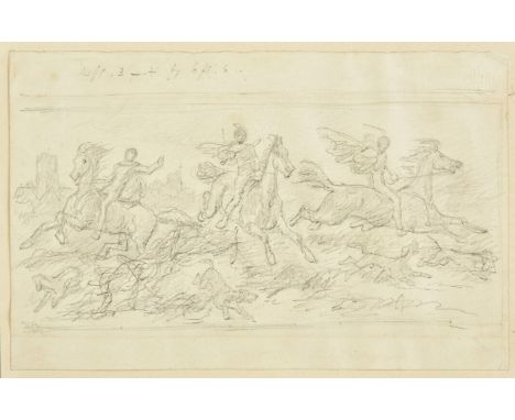 * Browne (Hablot Knight, 1815-1882). Three medieval huntsmen on horseback with dogs, pencil on wove paper, signed with pencil