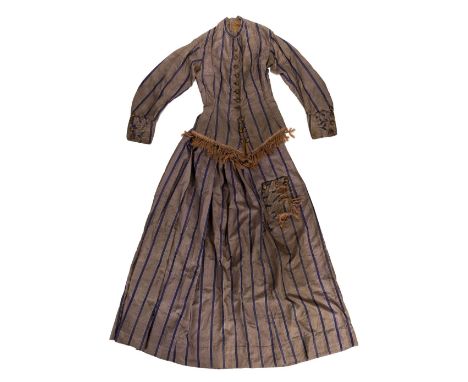 * Clothing. A lady's walking dress, circa 1870s, hand-made two-piece silk gown, with bands of fine brown and white stripes be