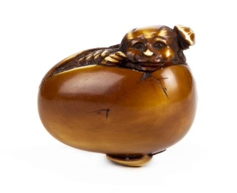 * Netsuke. A fine Japanese Meiji period ivory netsuke, carved a zoomorphic figure emerging from an egg, signed, 4cm long (Qty