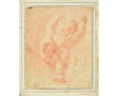 * Attributed to Zampieri ( Domenico , Il Domenichino , 1581-1641). Putto falling backwards, red chalk on a pale red chalk bac