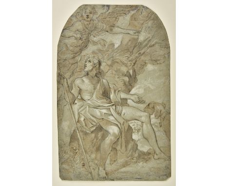 * Venetian School. Saint Roch, pen, brown ink and brown wash on pale grey-blue laid paper, heightened with white and black ch