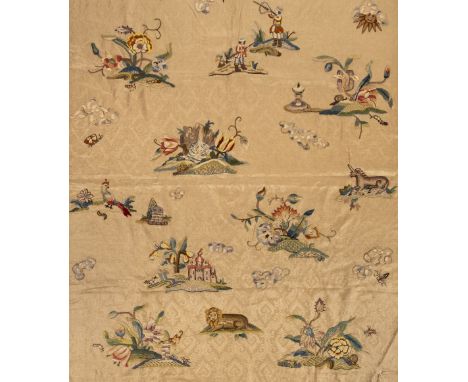 * Lee (Arthur H. &amp; Sons). A large crewelwork panel, Birkenhead, 1950, hand-embroidered in coloured wools on a fawn brocad