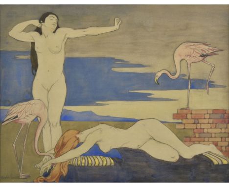 * Emslie (Rosalie, 1891-1977). Female nudes and flamingos, watercolour on paper, depicting two female nudes, one standing and