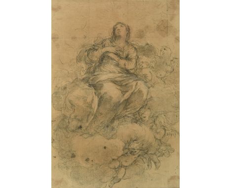 * Circle of Ciro Ferri (1634-1689). The Assumption of the Virgin, black chalk heightened with white chalk on a pale brown was