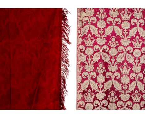 * Curtains. A pair of scarlet damask curtains, 19th century, two hand-stitched damask curtains, possibly bed curtains, each c