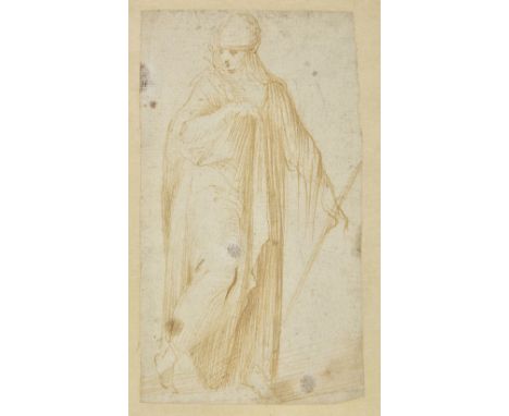 * Italian School. Draped female figure holding a staff, 16th century, pen and light brown ink on laid paper, sheet size 136 x