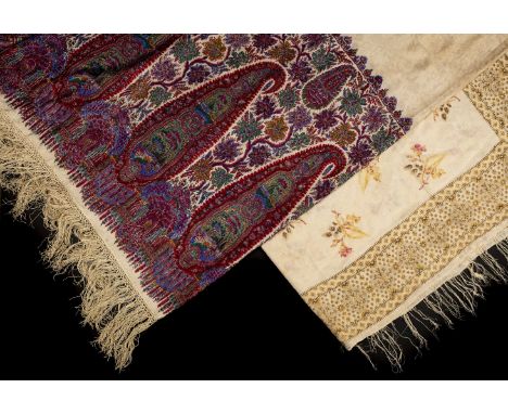 * Shawls. A large silk damask crinoline shawl, circa 1860s, fine silk shawl with wide border in bright jewel colours featurin