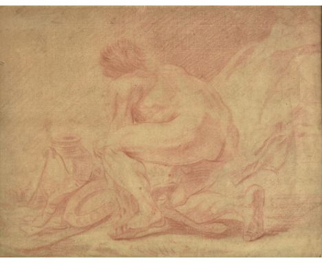 * Italian School. Male nude kneeling beside a plate and ewer, 17th century, red chalk on laid paper, some overall light disco