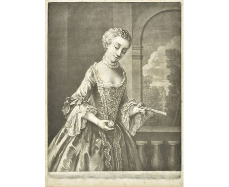 * McArdell (John, 1729-1765). Girl with Watch and Fan, circa 1760, mezzotint on laid paper, proof before letters, a rich, vel