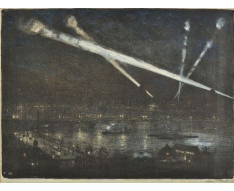 * Wood (William Thomas, 1877-1958). Searchlights over London, 1915, lithograph with hand-colouring by the artist, showing sea