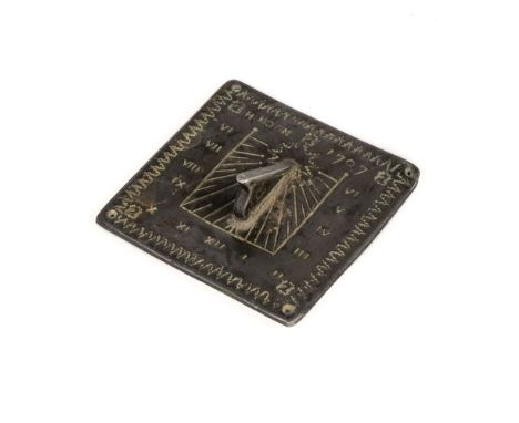 * Sundial. An interesting 18th century miniature lead sundial by H. Noon, of square form engraved with scales and hours, 6 to
