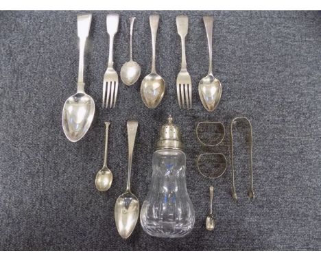 * Mixed silver. A collection of silver cutlery, including George III silver serving spoon by William Johnson, London 1825, 22