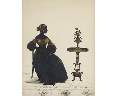 * Silhouette. Portrait of a young lady in an interior, circa 1830s, scissor cut on card, heightened in gold, full-length prof