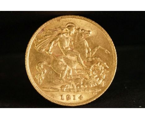 A United Kingdom King George V gold half sovereign coin dated 1914. 