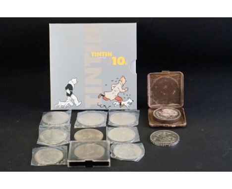 A small collection of coins to include commemorative crown, TinTin $10 euro coin and a Belgium silver medallion. 