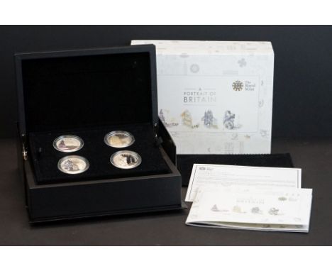 A Royal Mint Queen Elizabeth II 2014 United Kingdom A Portrait of Britain five pound / £5 silver proof four coin set, complet