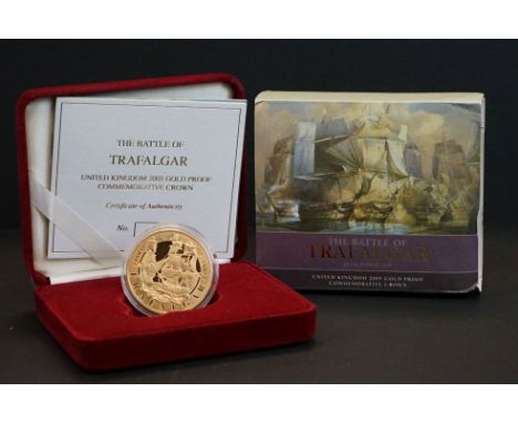 A Royal Mint Queen Elizabeth II 2005 United Kingdom the Battle of Trafalgar gold proof commemorative crown coin, numbered 074