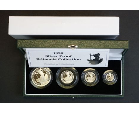 A Royal Mint 1998 silver proof Britannia coin collection containing four silver proof coins to include 20p, 50p, £1 &amp; £2 