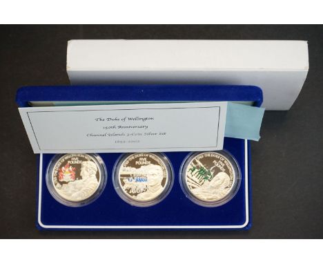 A Royal Mint 2002 150th Anniversary of the Duke of Wellington 1852-2002 Channel Islands £5 three coin silver proof coin set, 