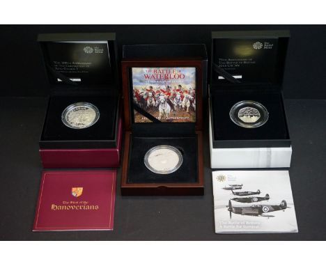 Three Royal Mint United Kingdom silver proof coins to include 2014 Alderney 300th Anniversary of the Coronation of King Georg