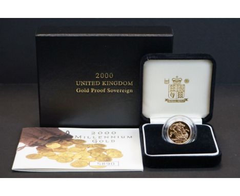 A Royal Mint Queen Elizabeth II 2000 United Kingdom gold proof full sovereign coin, numbered 05890, complete with COA and fit