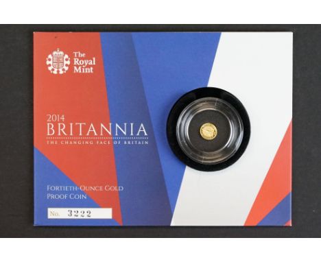 A Royal Mint Queen Elizabeth II 2014 Britannia 1/14th oz gold proof coin, numbered 3222, all complete in original packaging. 