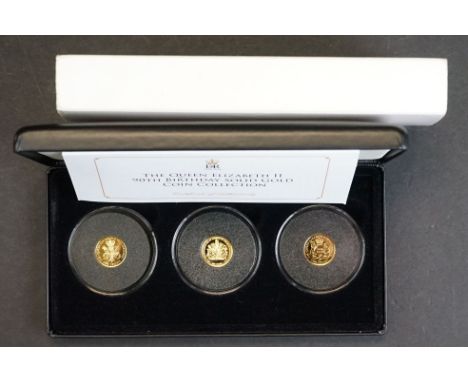 A Jubilee Mint the Queen Elizabeth II 90th Birthday solid 9ct  gold coin collection three coin set, limited edition and numbe