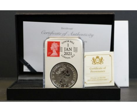 A United Kingdom Britannia .999 silver £2 bullion coin, dated 2021 and comes slab mounted with date stamp, complete with disp