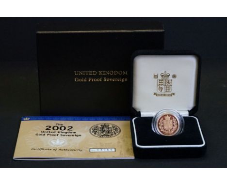 A Royal Mint Queen Elizabeth II 2002 United Kingdom gold proof full sovereign coin, numbered 03969, complete with COA and fit