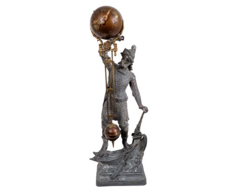 Late 19th century swinging arm mystery clock with ball dial suspended from a figure of a Viking and longship, 58cm high