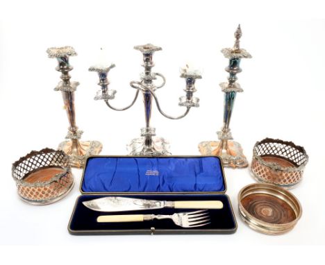 Selection of miscellaneous silver plate - including pair candlesticks with tapered stems and foliate decoration, matching thr