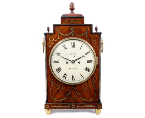 Regency brass inlaid mahogany bracket clock with white painted dial, signed - Player Reading, twin fusee movement with engrav