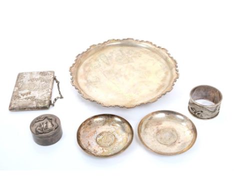 Selection of late 19th / early 20th century Chinese silver - including card tray with scroll border, on three ball feet, pair
