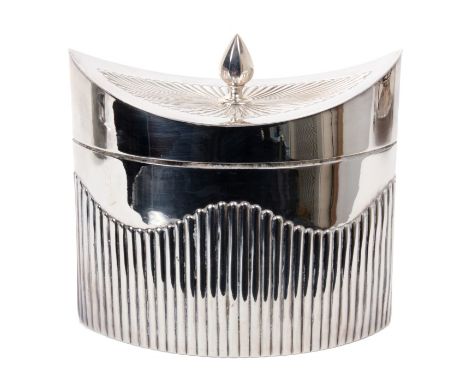Late Victorian silver neoclassical revival biscuit box of navette form, with fluted decoration and hinged shaped cover with f