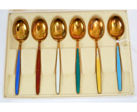 Set of six Norwegian David-Andersen silver gilt and enamel coffee spoons in a Cartier fitted case, each spoon marked - David-