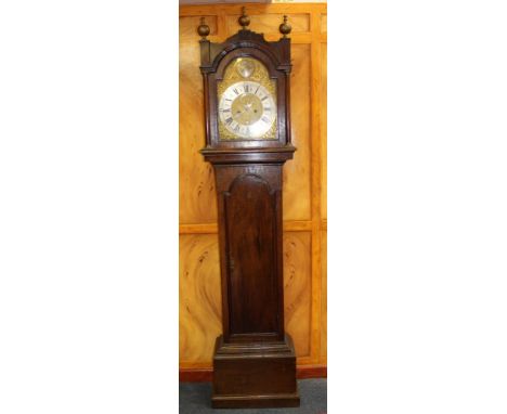 Mid-18th century eight day longcase clock, by Barnaby Dammant, Colchester, with gilt brass and silvered arched dial with name