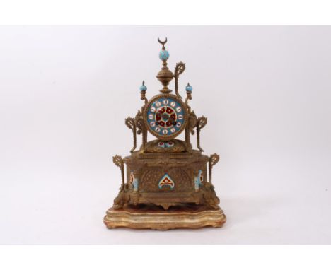 Mid-19th century French Turkish market gilt metal and enamel mantel clock with ornate Ottoman influence case with cylinder mo