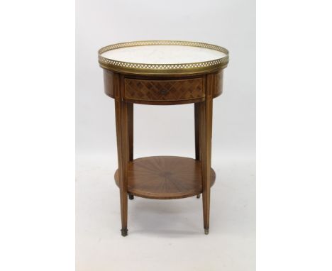 Good 19th century French circular mahogany and parquetry marble top occasional table with pierced brass gallery and frieze dr